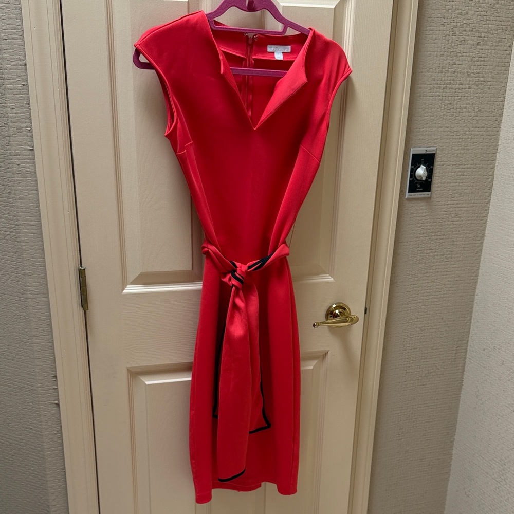 Red Cap-Sleeve Belted Sheath Dress